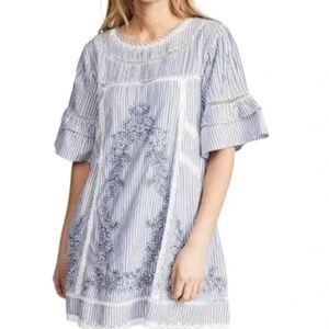 Free people blue stripe embroidered mini dress Sz Small